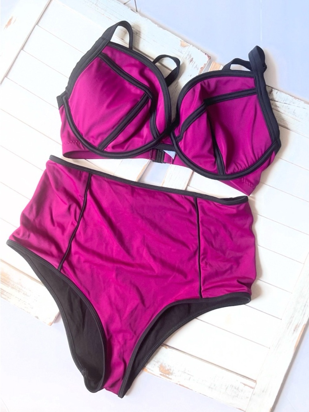 ASOS Magenta Two-Piece High-Waist Bikini with Black Trim